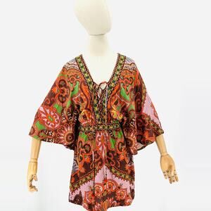 Farm Rio Pink Orange Green Brown Paisley Tapestry Lace-Up Mini Dress